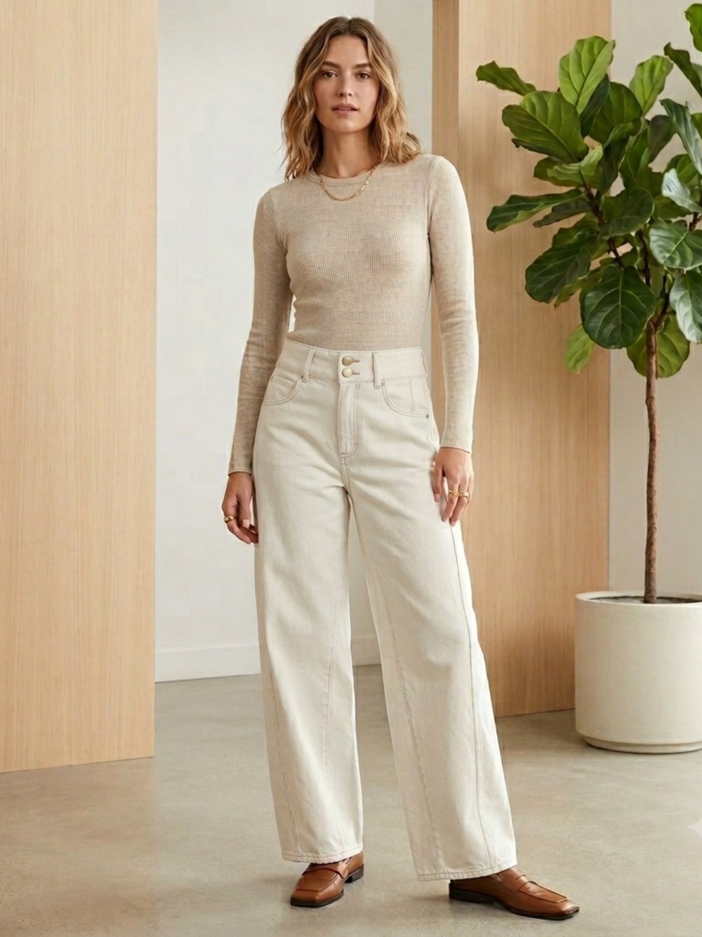 Free People We The Free Cream Barrel Wide Leg Jeans Contrast Stitch Size 32 Boho